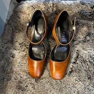 Lauren Ralph Lauren Collection Cognac Leather Square Toe Luxury MaryJane Shoes,7